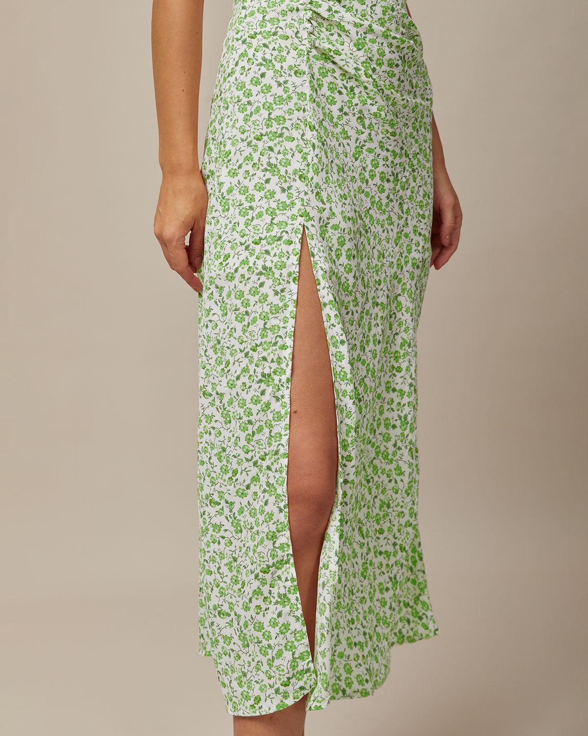 Green Round Neck Floral Midi Dress Product Image