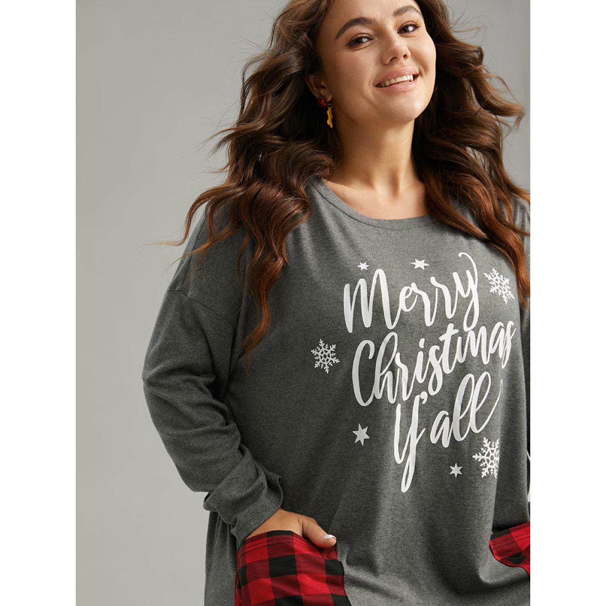 Plus Size Christmas Letter Plaid Patchwork Pocket T-shirt DimGray Women Casual Contrast Christmas Festival-Halloween T-shirts BloomChic 18-20/2X Product Image