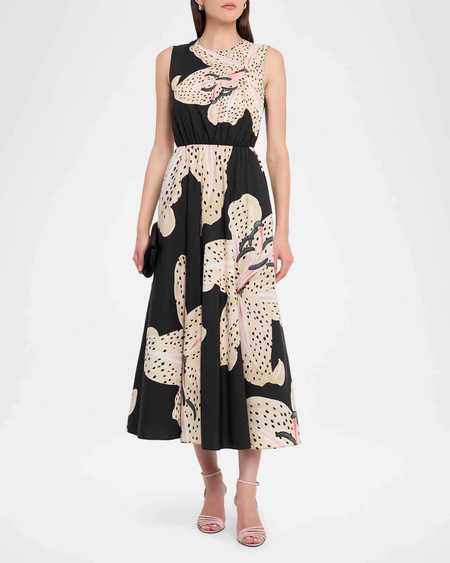 Flower-Print Popeline Sleeveless Midi Dress Product Image