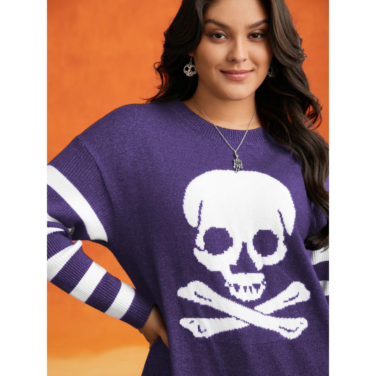Plus Size Supersoft Essentials Gothic Skull Striped Sleeves Pullover Deeppurple Women Playful Loose Long Sleeve Round Neck Casual Pullovers BloomChic 30/6X Product Image