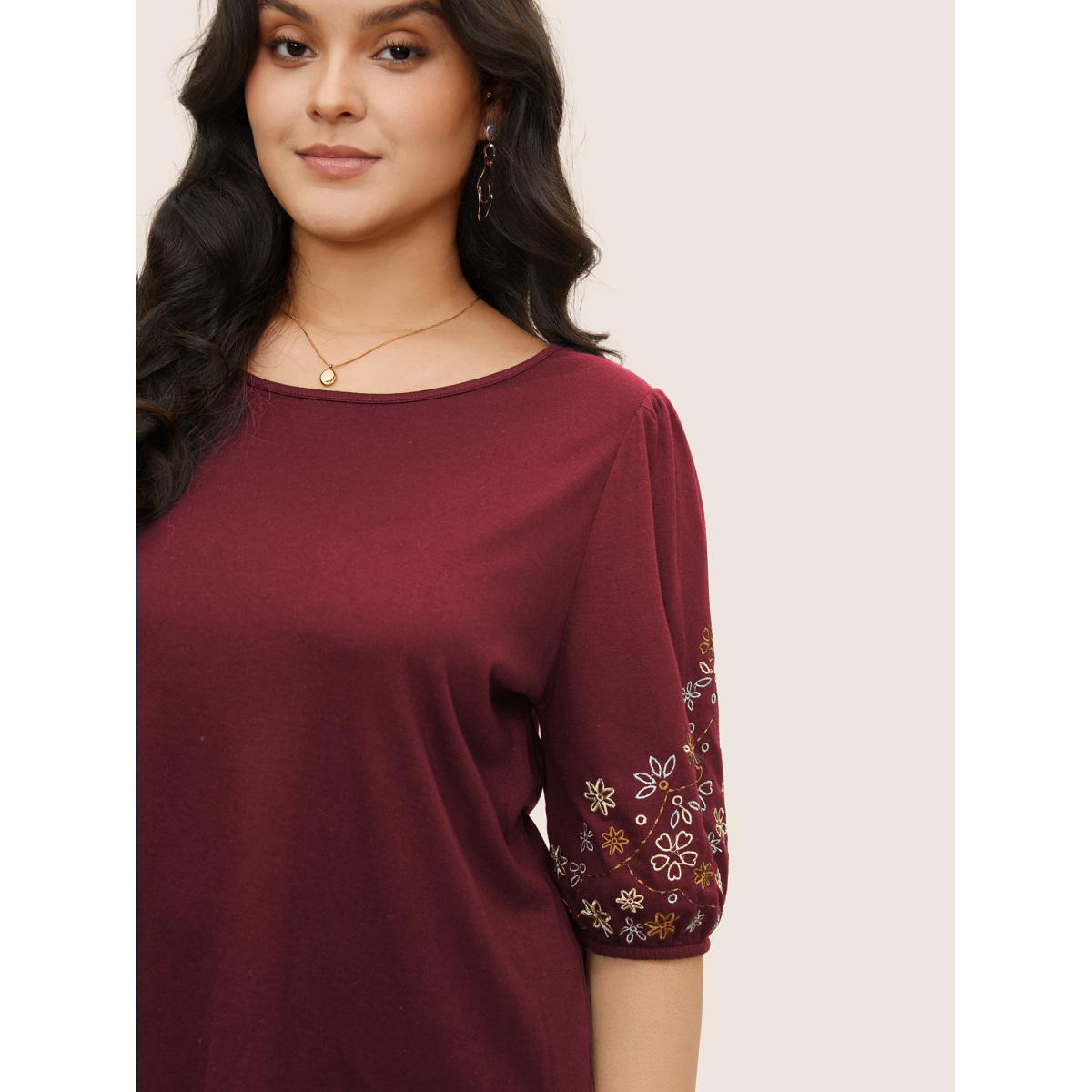 Plus Size Floral Embroidered Crew Neck Puff Sleeve T-shirt Burgundy Women Elegant Embroidered Round Neck Everyday T-shirts BloomChic 12/L Product Image