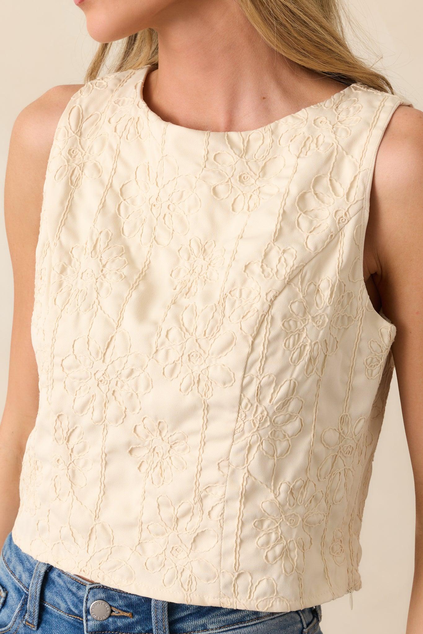 One For The Books Beige Floral Embroidered Top Product Image