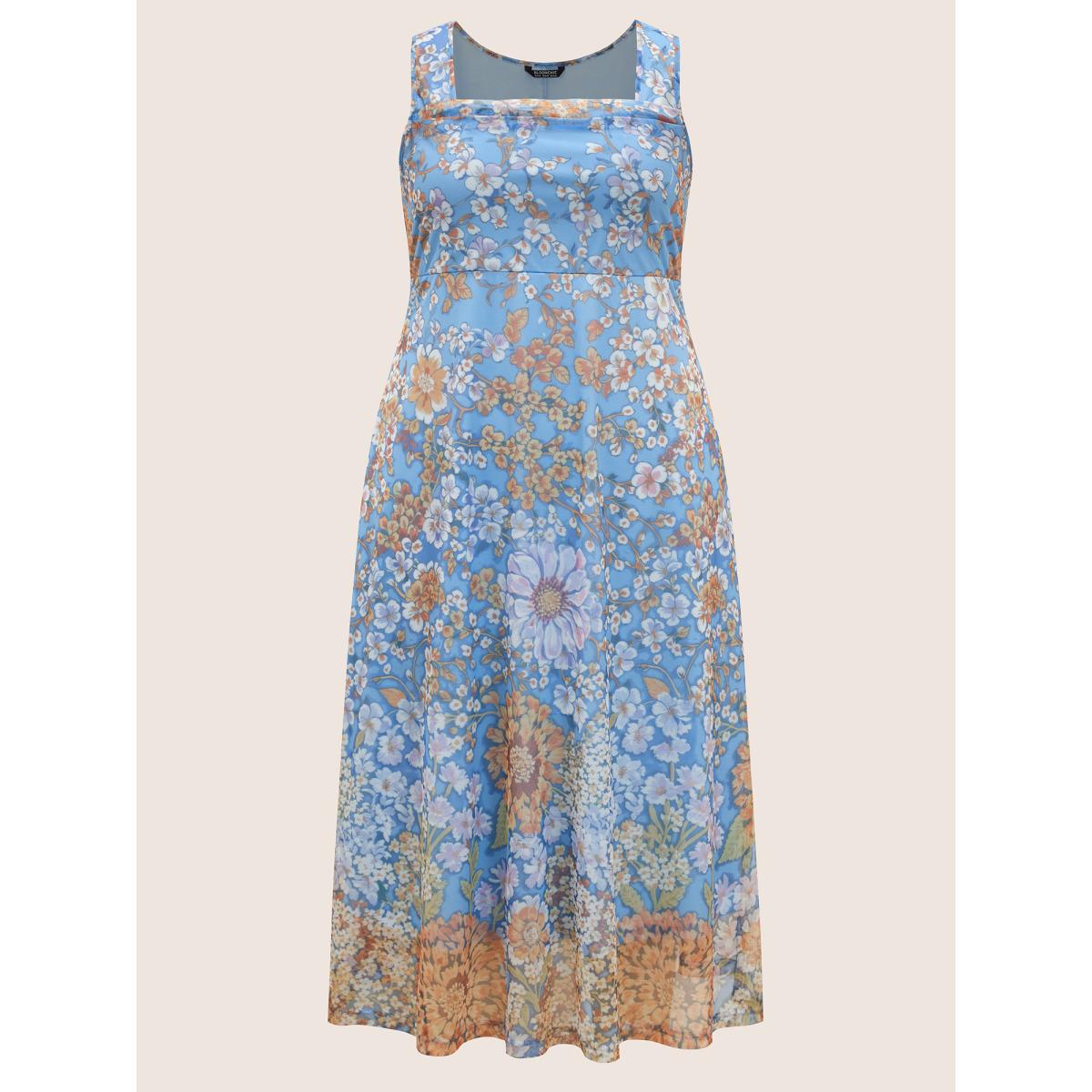 Plus Size Square Neck Floral Mesh Tank Dress Multicolor Women Elegant Gathered Square Neck Sleeveless Curvy BloomChic 10/M Product Image