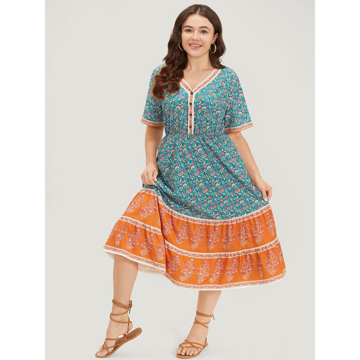 Plus Size Floral Print Button Detail Elastic Waist Patchwork Dress Emerald Women Vacation Gathered V-neck Short sleeve Curvy Midi Dress BloomChic 28/5X Product Image