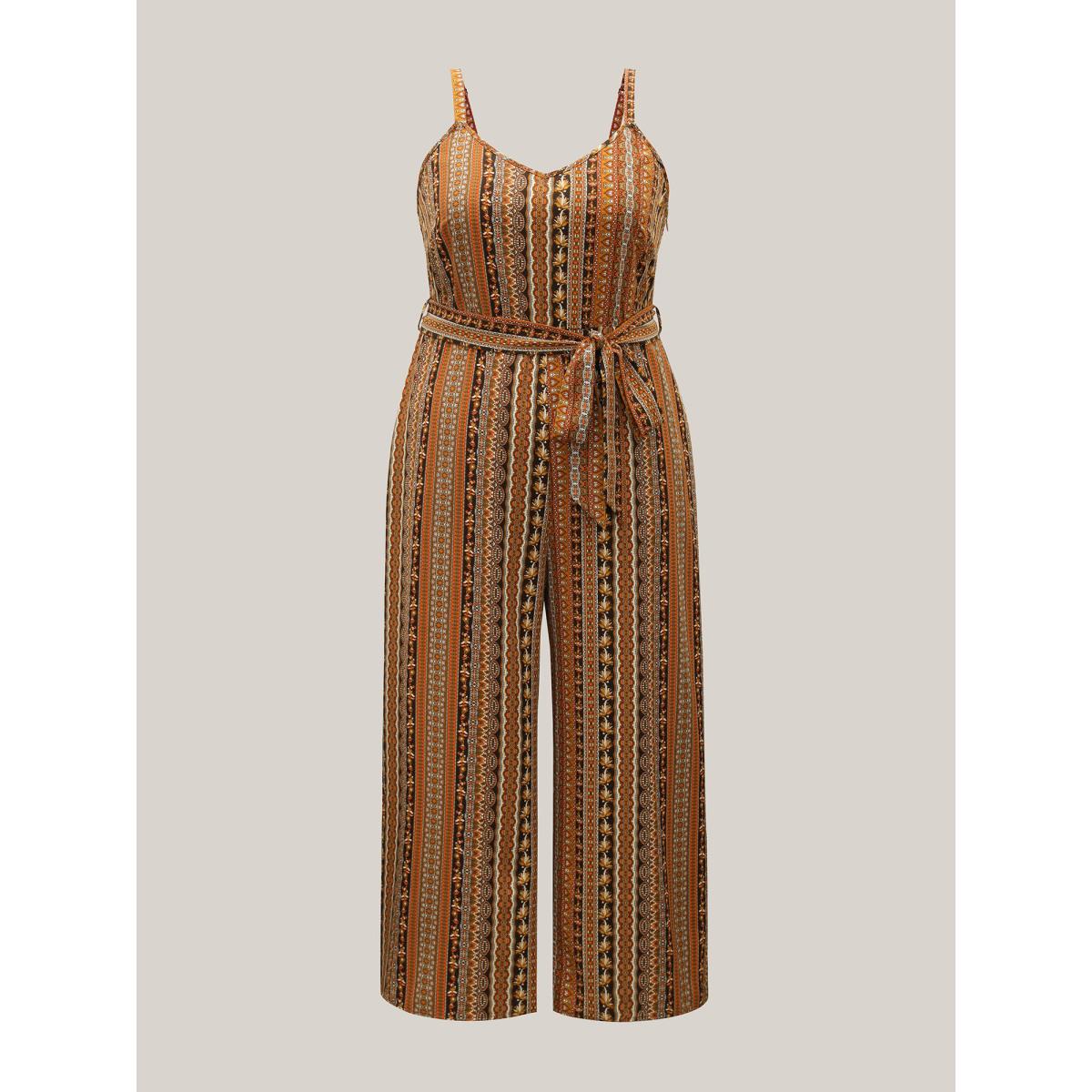 Plus Size DarkBrown Boho Stripes Belted Straight Leg Jumpsuit Women Resort Sleeveless V-neck Vacation Loose Jumpsuits BloomChic 22-24/3X Product Image