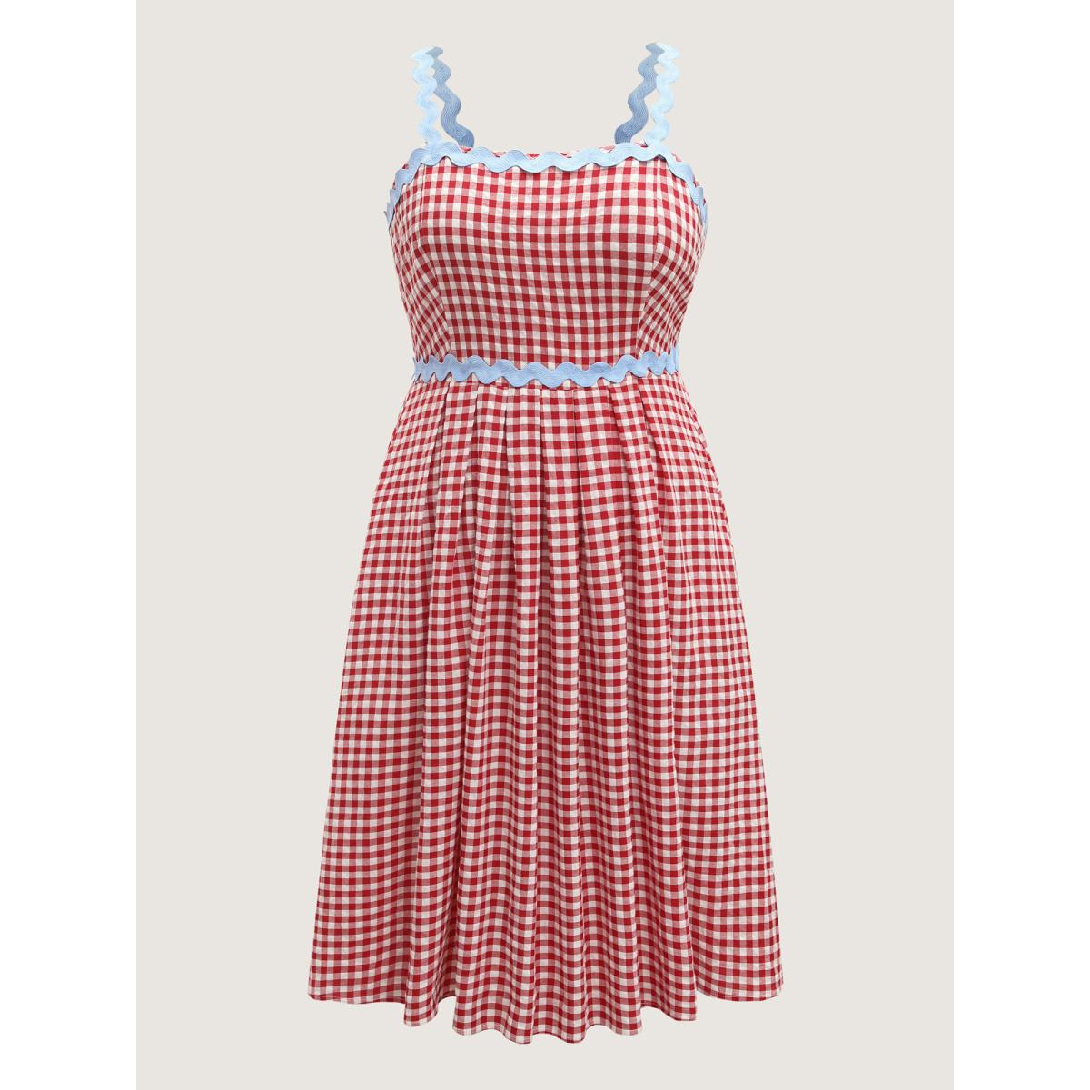 Plus Size Cotton Sweet Gingham Print Stretchy Waist Midi Dress Raspberry Women Non Sleeveless Curvy BloomChic 26/4X Product Image