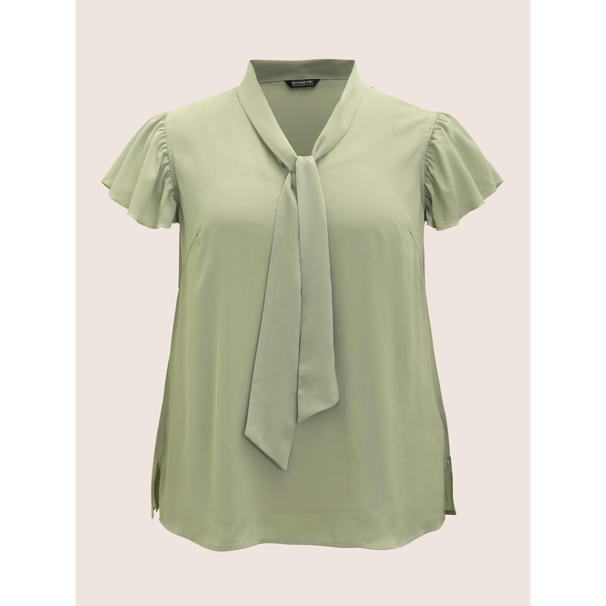 Plus Size Palemauve Ribbon Tied Collar Ruffle Sleeve Blouse Women At the Office Short sleeve Ribbon-tied collar Work Blouses BloomChic 10/M Product Image