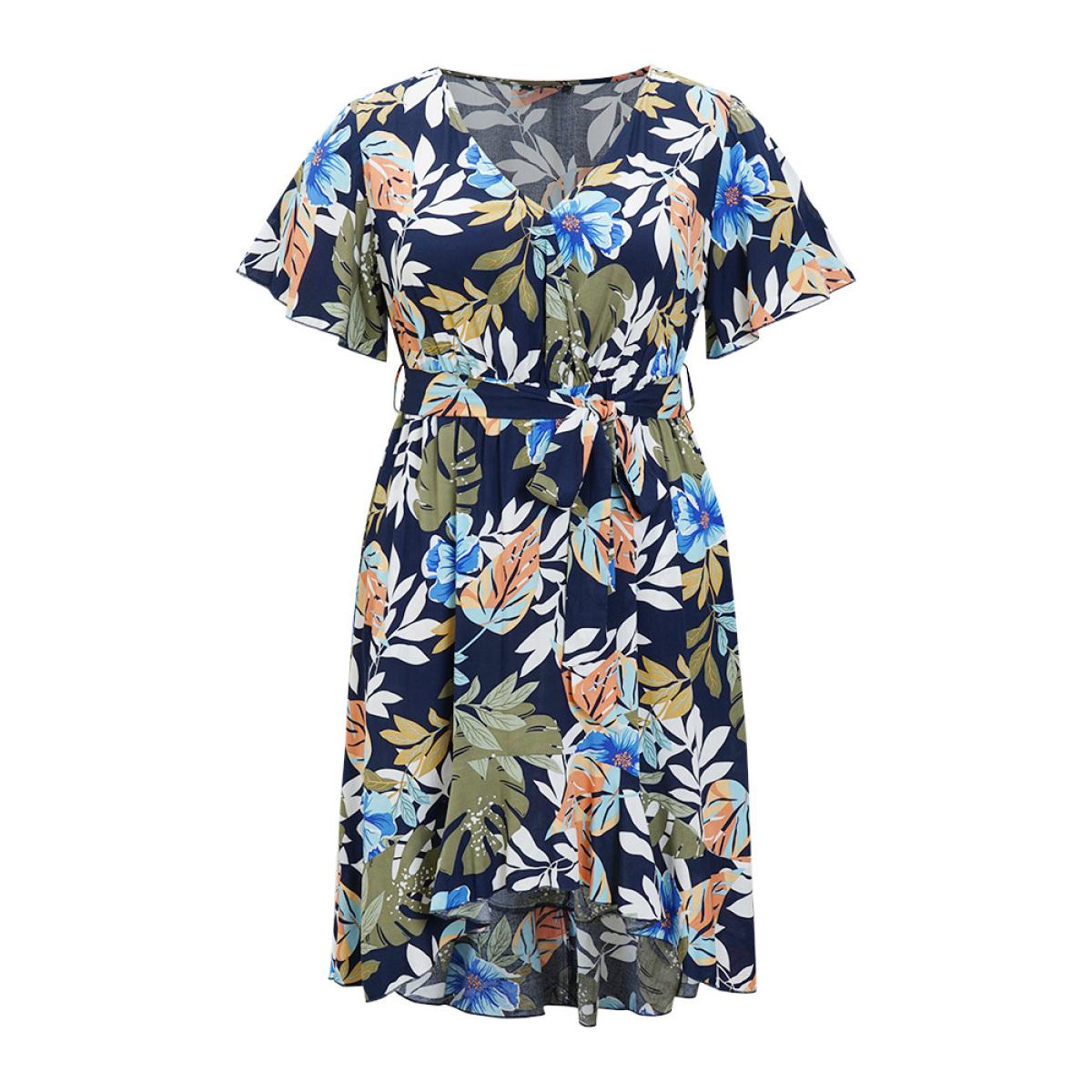 Plus Size Floral High Low Hem Pocket Ruffles Wrap Dress Indigo Women Elegant Wrap V-neck Short sleeve Curvy Midi Dress BloomChic 22-24/3X Product Image