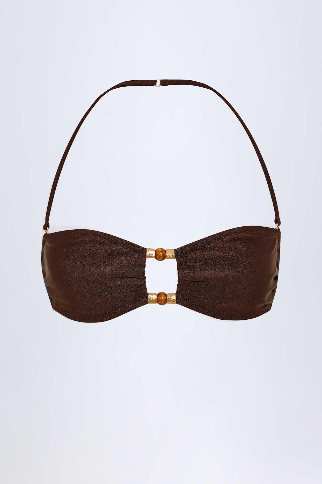 Bead-Embellished Bandeau Bikini Top in Dark Chocolate Product Image
