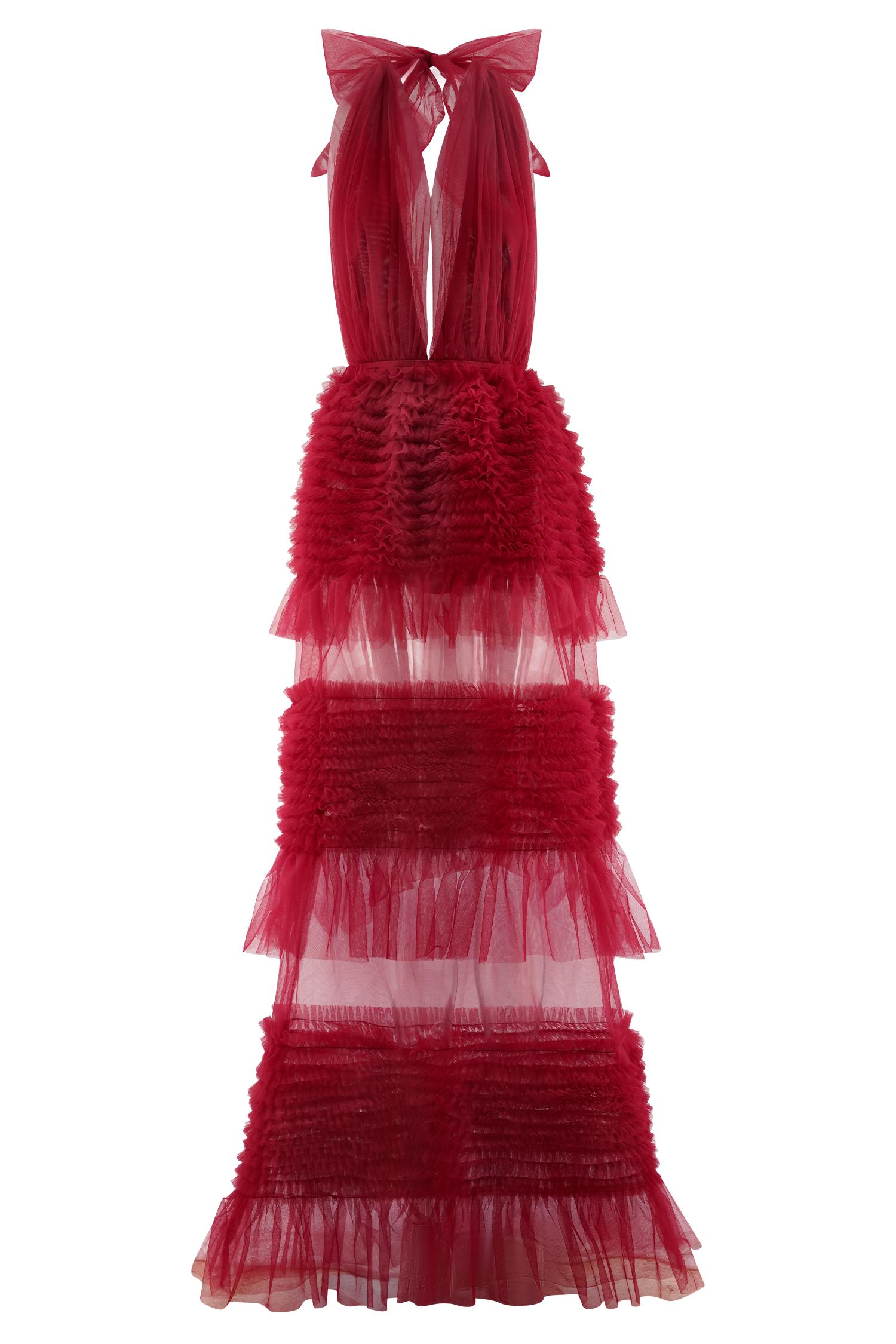 Minka Mesh Ruffle Halter Maxi Dress - Red Product Image