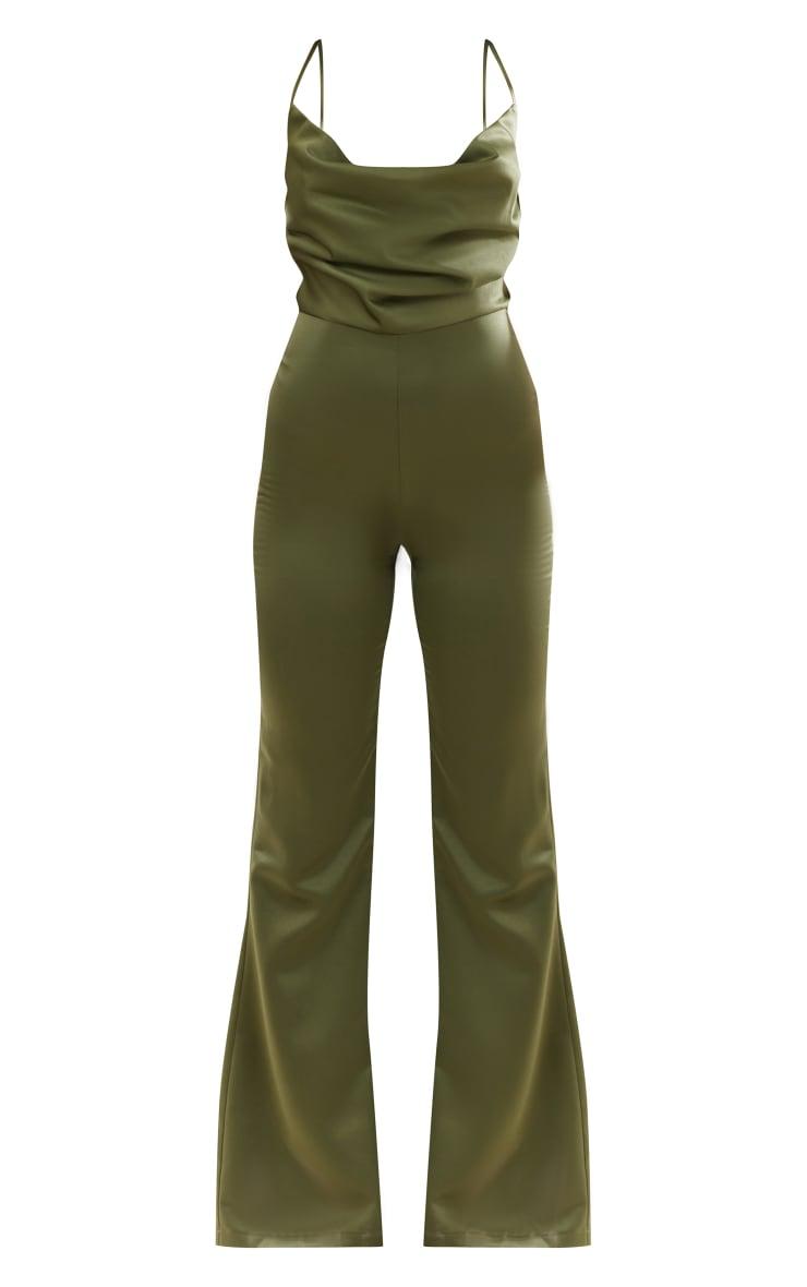 Khaki Satin Cowl Cross Back Jumpsuit Product Image