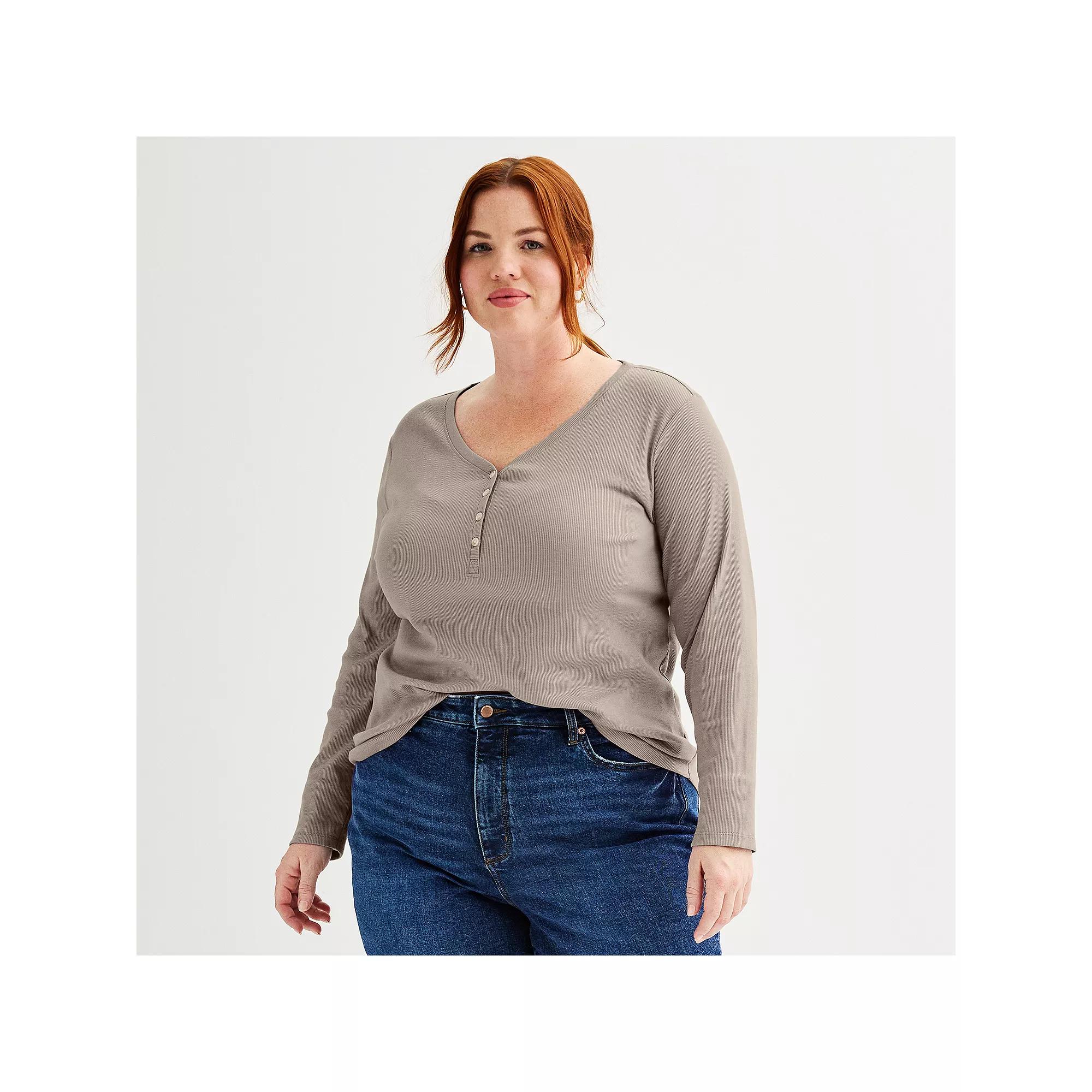 Plus Size Sonoma Goods For Life® Ribbed Long Sleeve Henley, Women's, Size: 0X, Peanut White Product Image