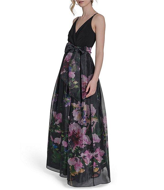 Eliza J V-Neck Sleeveless Floral Print Organza Ball Gown Product Image