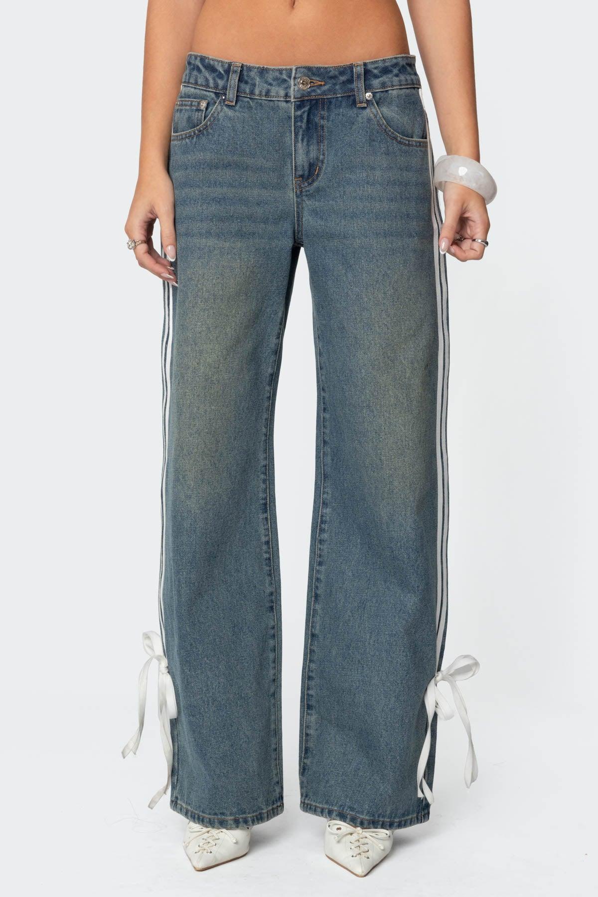 Ribbon Washed Low Rise Baggy Jeans Product Image