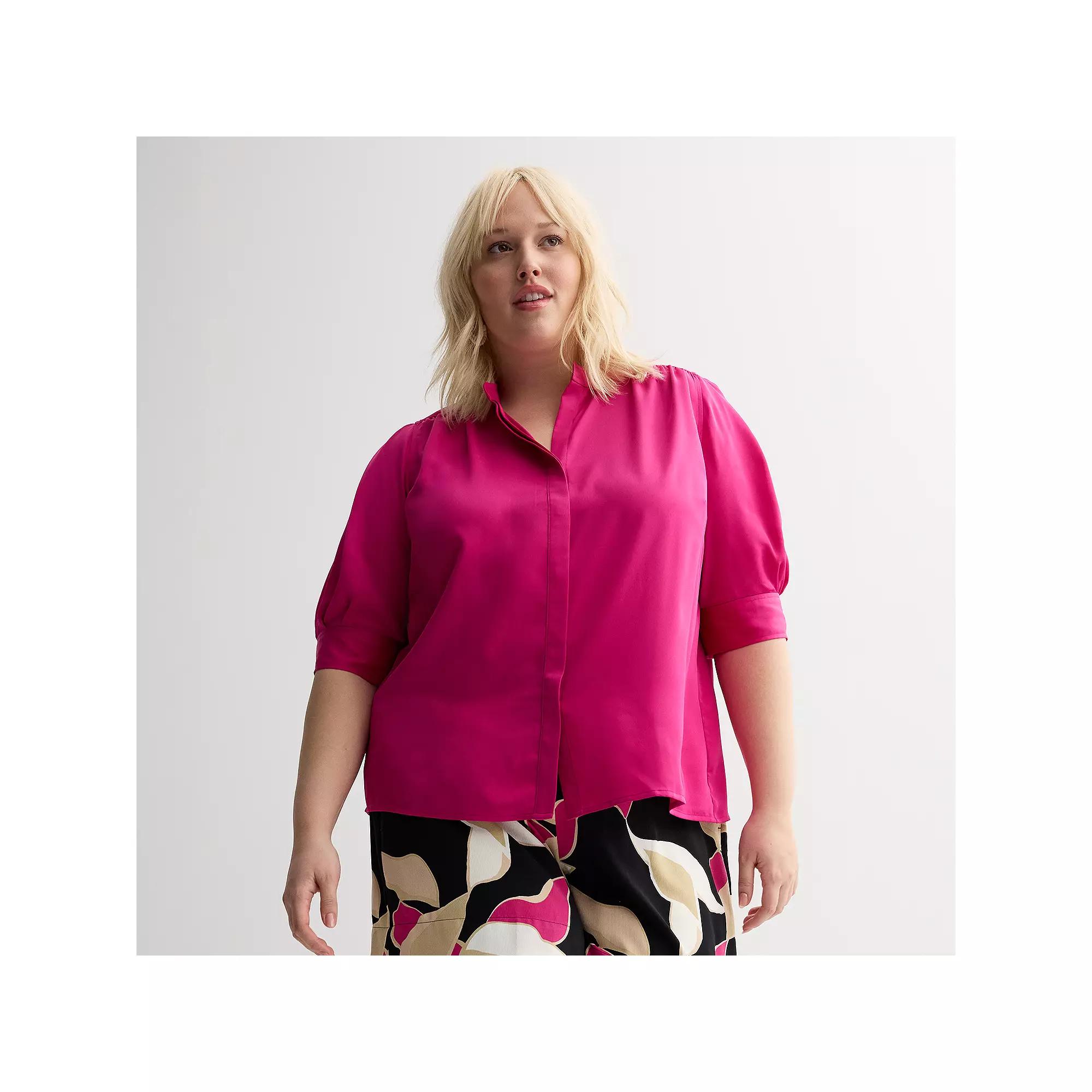 Plus Size Nine West Balloon Sleeve Collared Top, Womens Product Image