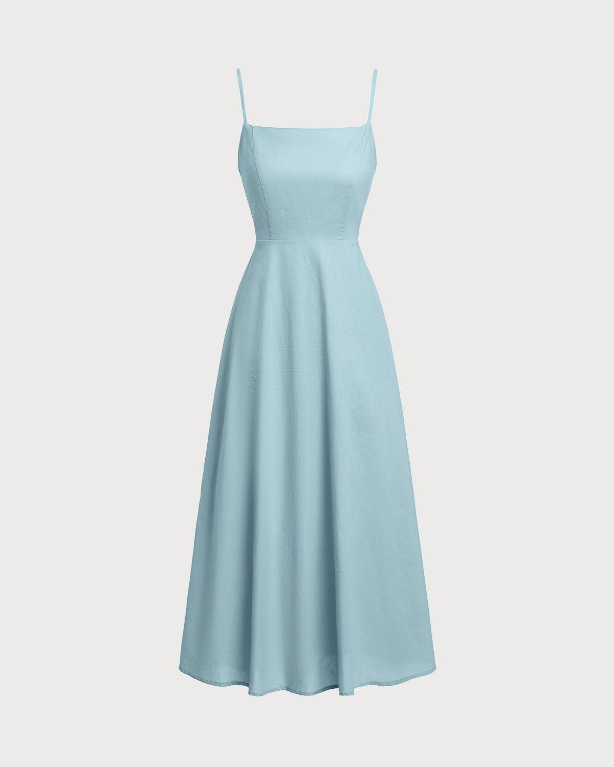 Blue Square Neck Shirred Slip Midi Dress Product Image