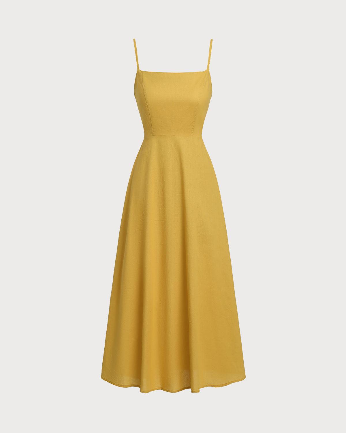 Yellow Square Neck Shirred Slip Midi Dress Product Image