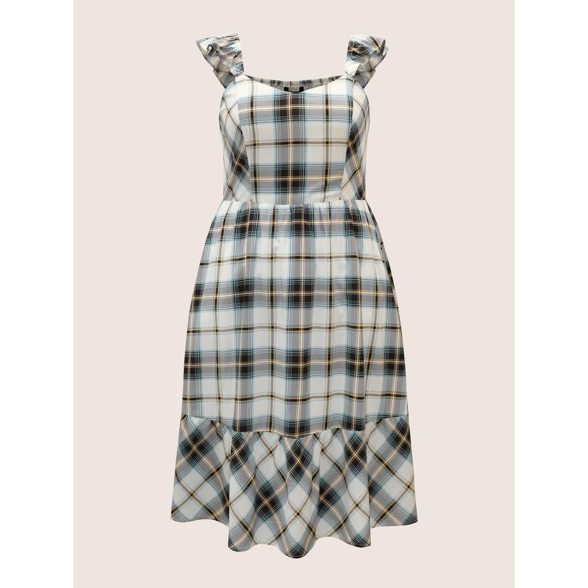 Plus Size Plaid Ruffle Trim Patchwork Hem Dress LightBlue Women Casual Shirred Non Sleeveless Curvy BloomChic 10/M Product Image