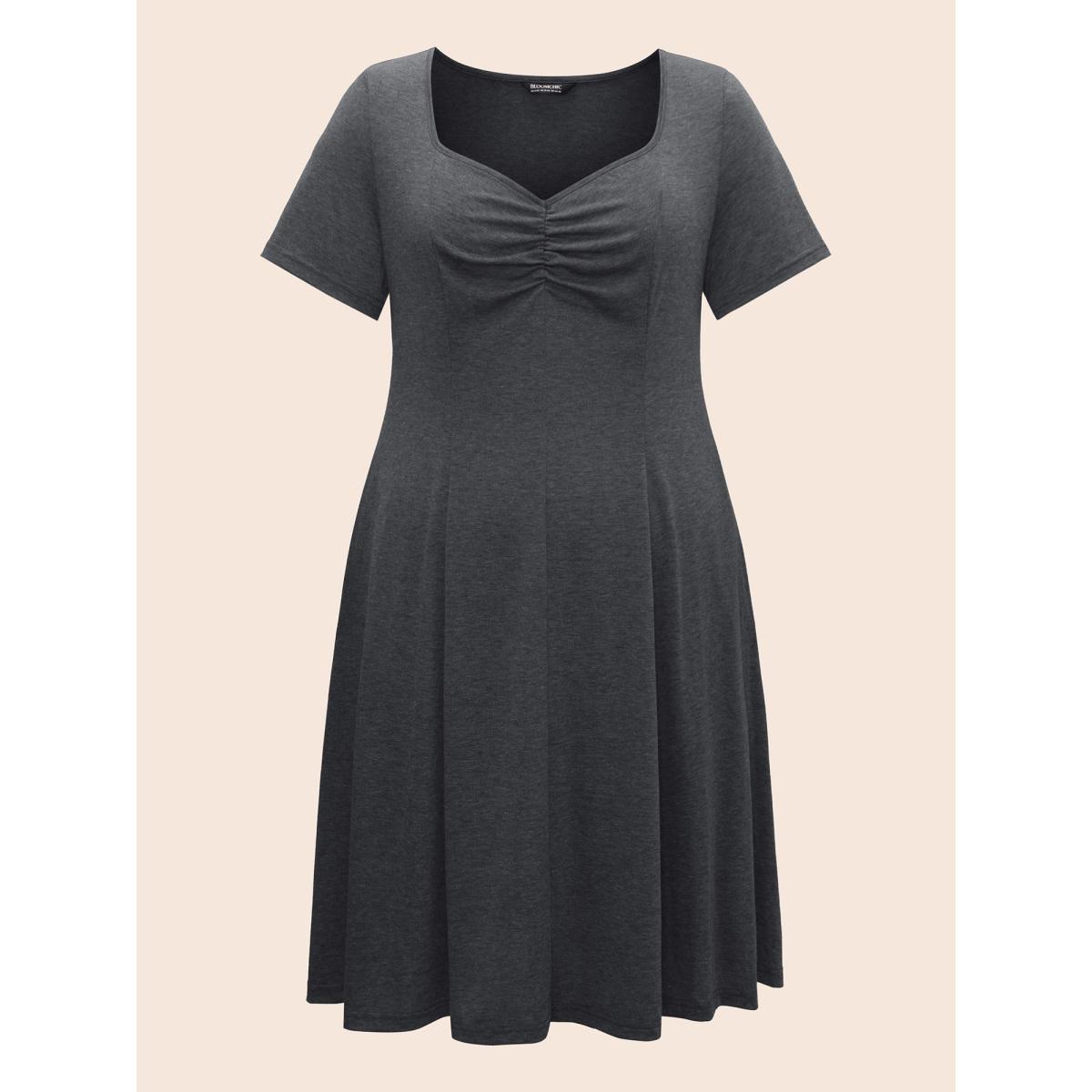 Plus Size Solid Heart Neckline Ruched Dress DarkSlateGray Women Casual Gathered Heart neckline Short sleeve Curvy BloomChic 18-20/2X Product Image