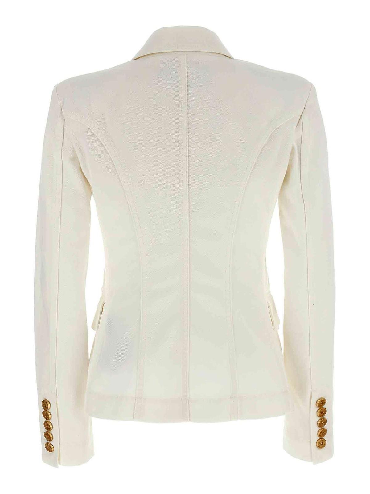 BALMAIN Double-breasted Structured Denim Blazer With Peak Lapel In White Product Image