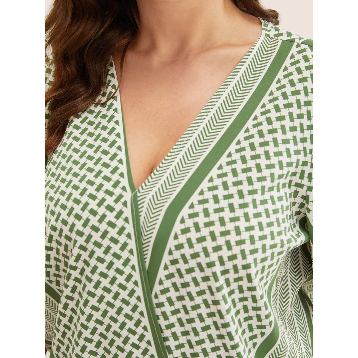 Plus Size Moss Geometric Contrast Ruffle Sleeve Wrap Blouse Women Resort Short sleeve Overlap Collar Vacation Blouses BloomChic 30/6X Product Image