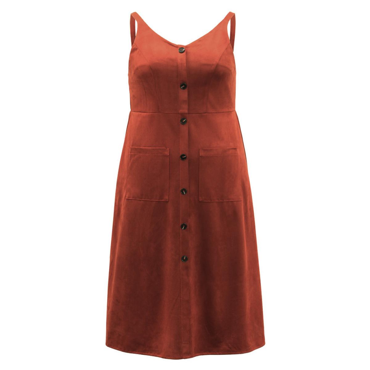 Plus Size Faux Suede Button Detail Patched Pocket Cami Dress Rust Women Elegant Adjustable Straps Spaghetti Strap Sleeveless Curvy Midi Dress BloomChic 14-16/1X Product Image