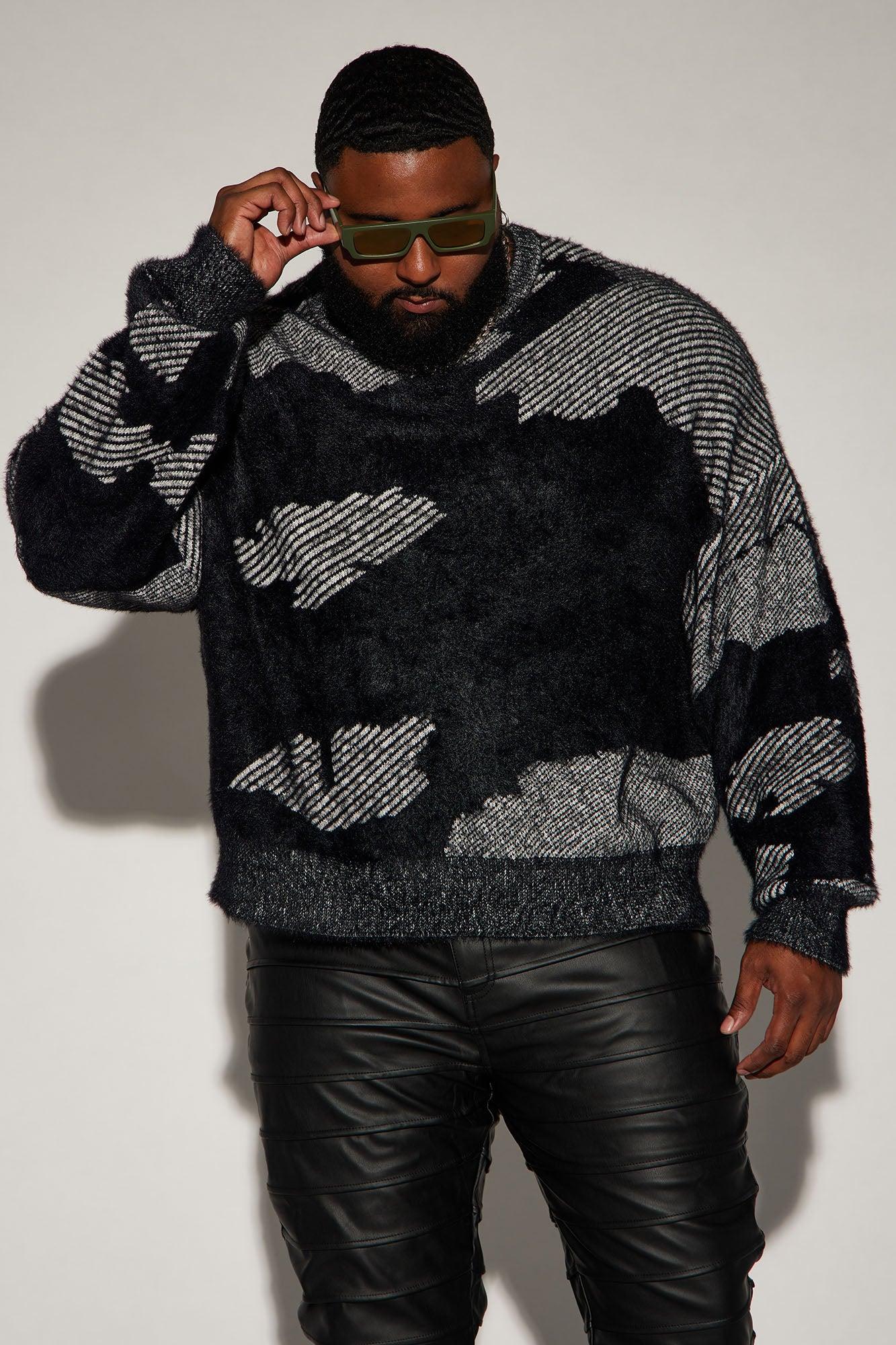 Fuzzy Textured Crewneck Sweater - Black/combo Male Product Image