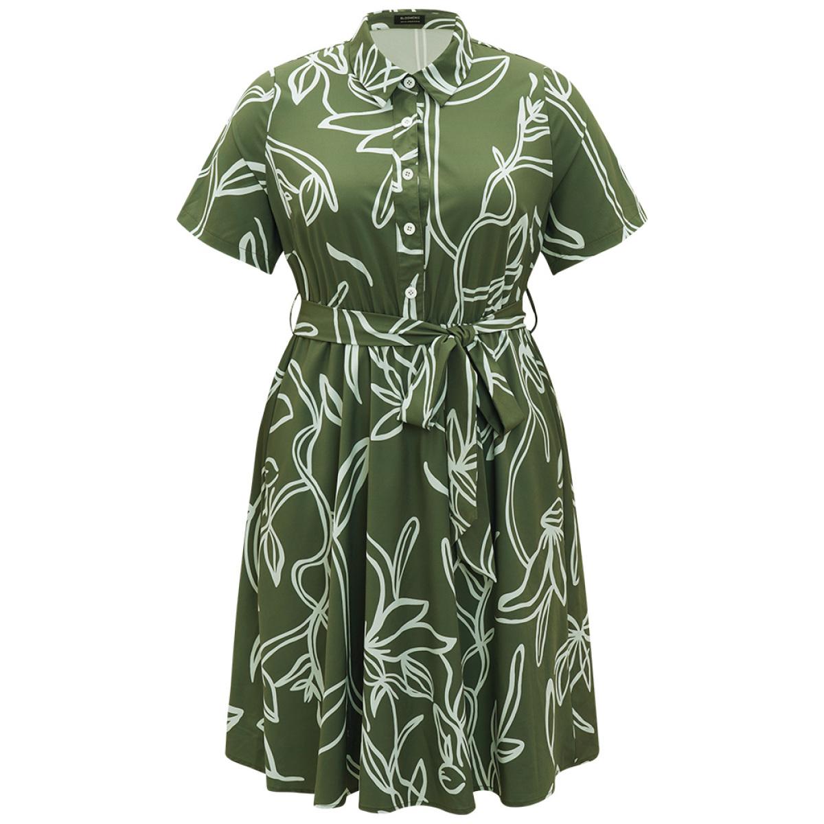 Plus Size Graphic Print Belted Shirt Collar Button Up Dress Sage Women Office Belted Shirt collar Short sleeve Curvy Midi Dress BloomChic 30/6X Product Image