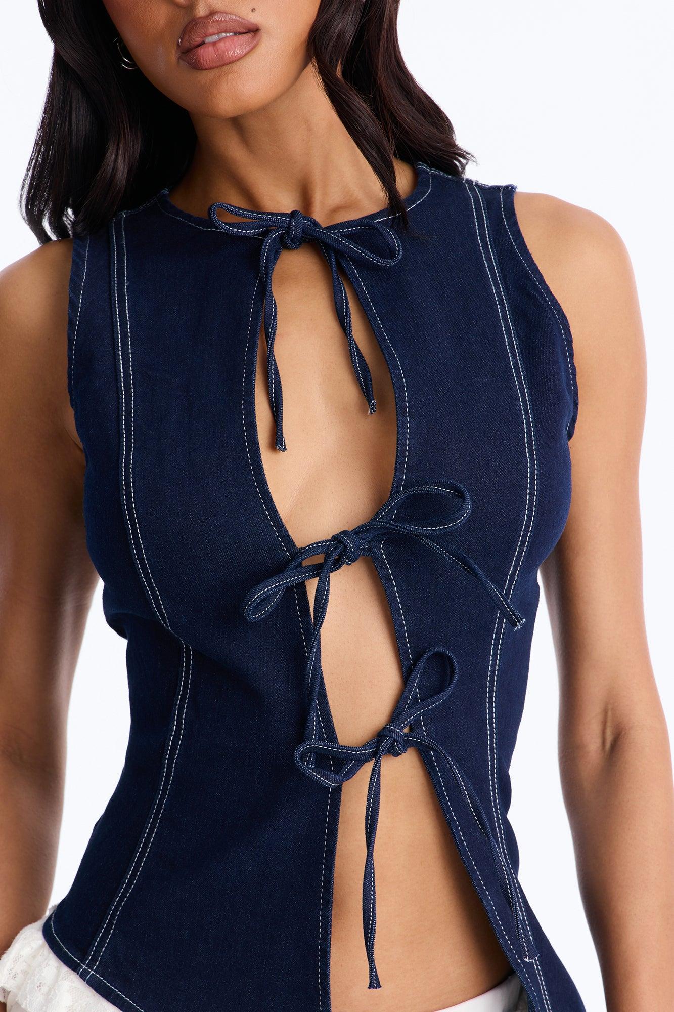 Weekend Glow Strappy Tie Front Denim Top - Dark Wash Female Product Image