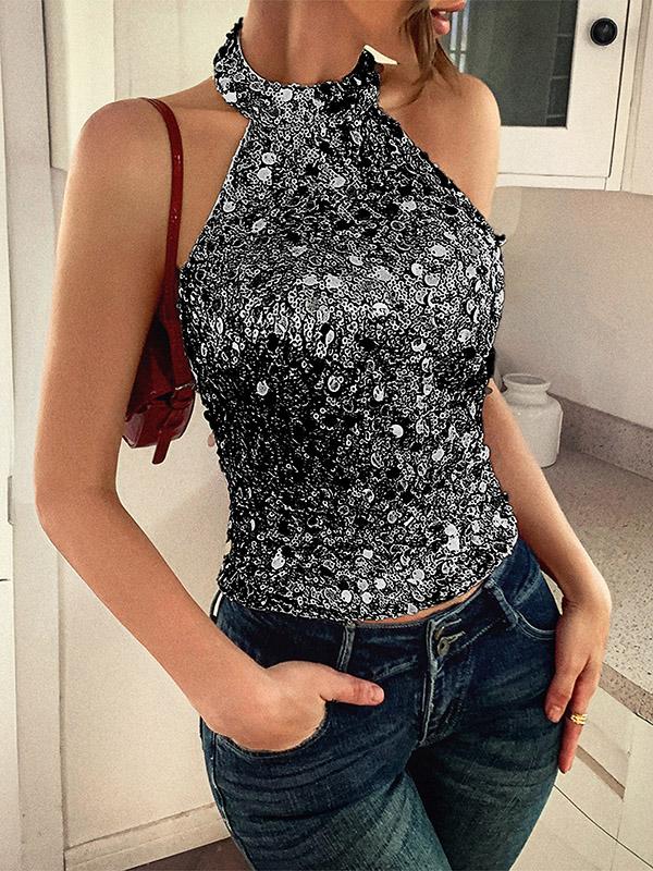 Skinny Sleeveless Backless Sequined Shiny Halter-Neck Tank Top Product Image