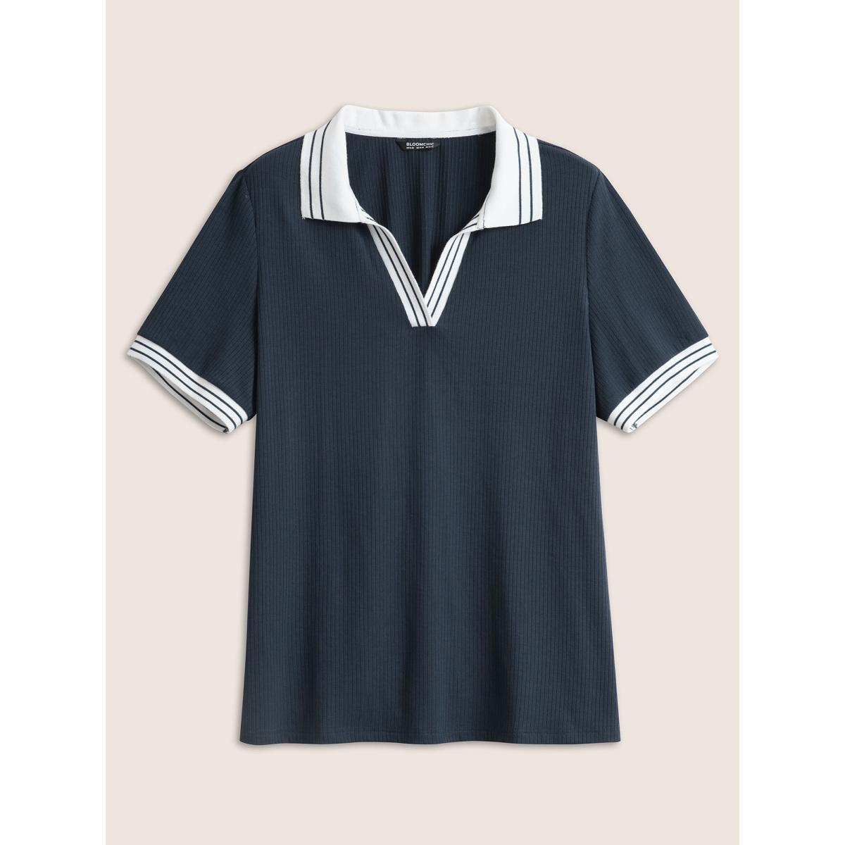 Plus Size Striped Patchwork Polo Neck Rib Knit T-shirt Indigo Women Casual Contrast Plain Polo Everyday T-shirts BloomChic 12/L Product Image
