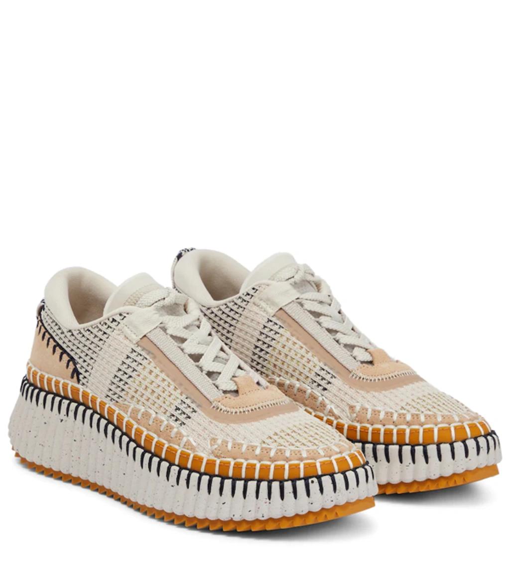 CHLOÉ Nama Embroidered Suede And Recycled-mesh Sneakers In Biscotti Beige Product Image