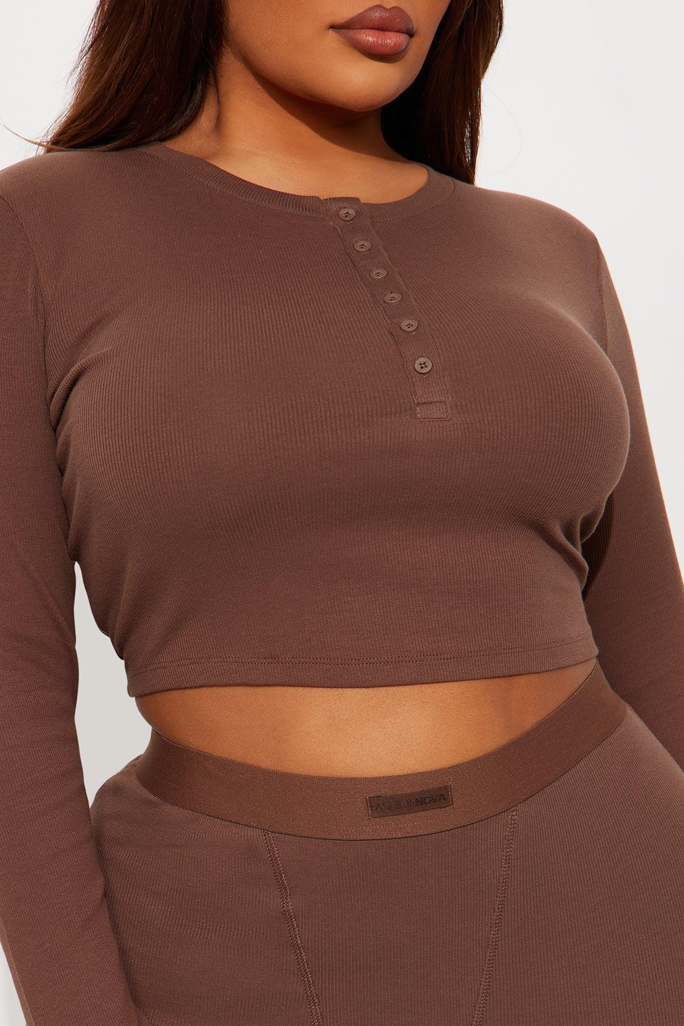 FN Mood Cotton Henley PJ Boxer Short Ribbed Set - Chocolate Female Product Image