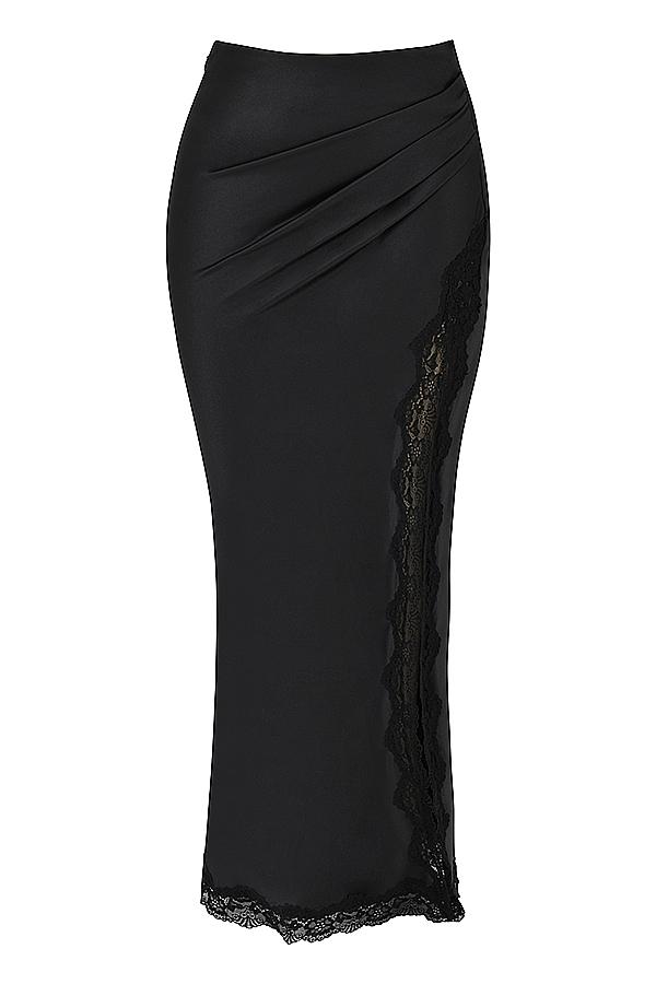 Ruby  black satin lace trim midi skirt Product Image