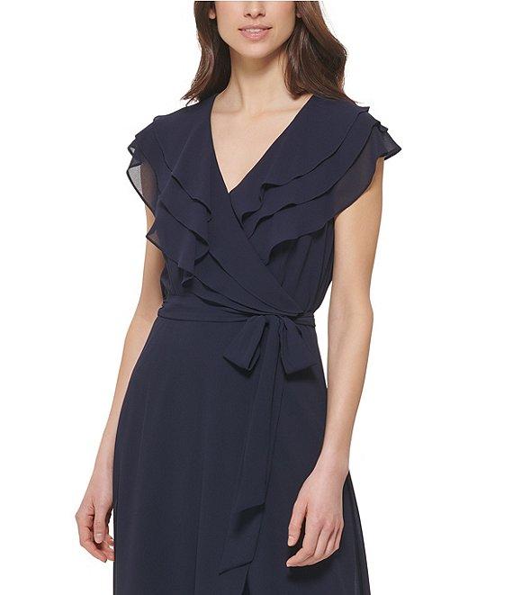 Jessica Howard Chiffon V-Neck Short Sleeve Ruffle Wrap Dress Product Image