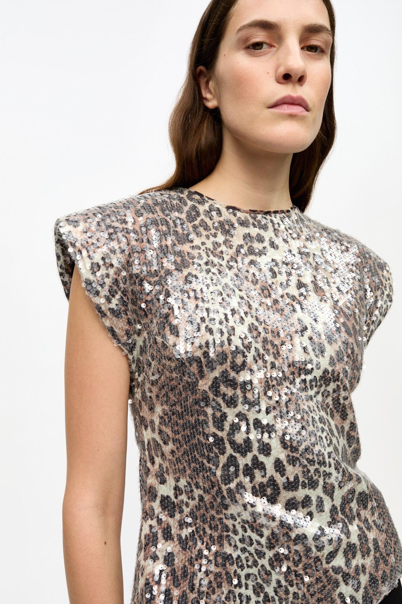 Leopard Printed Stretch Sequins Blouse Product Image