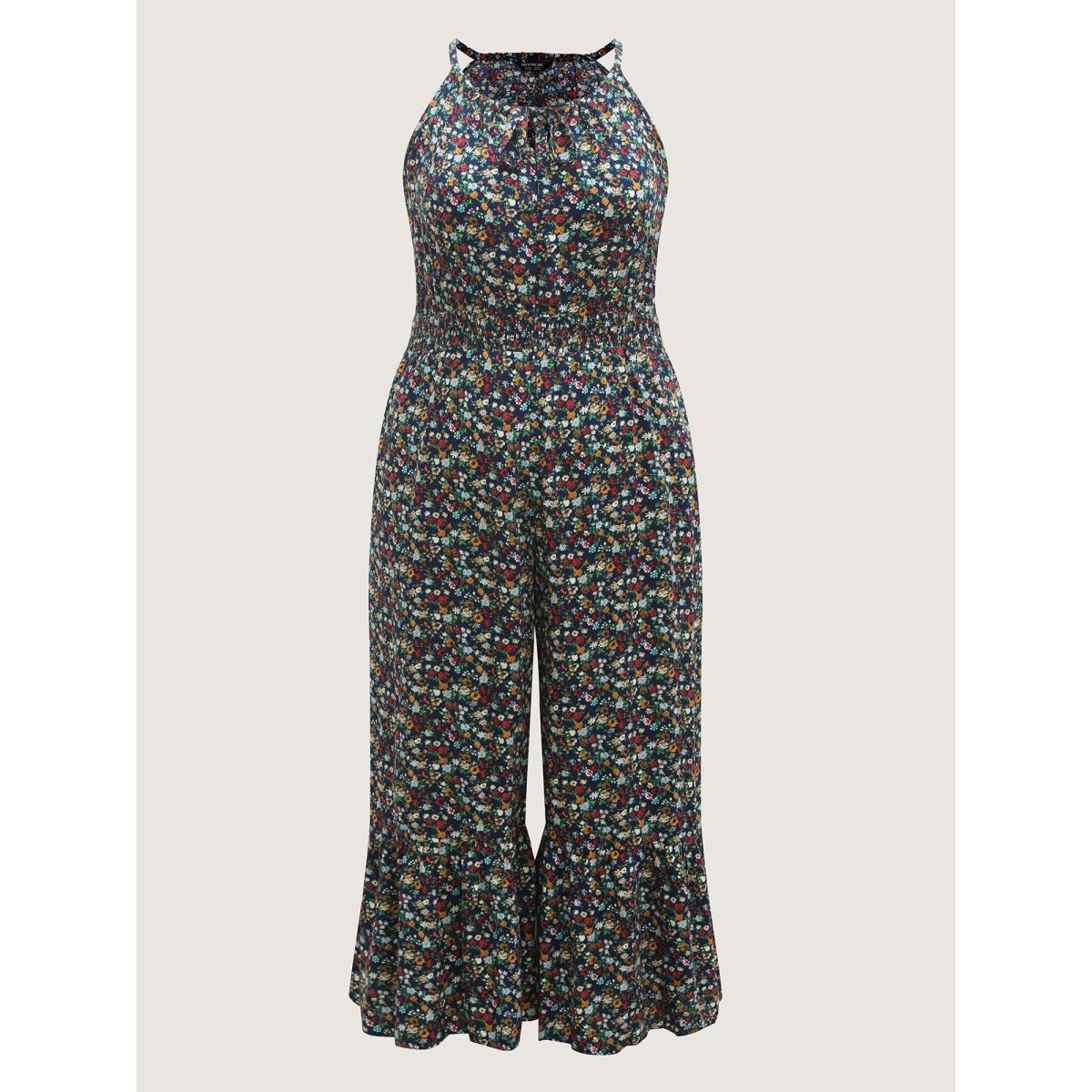 Plus Size Indigo Floral Print Shirred Waist Cami Jumpsuit Women Sleeveless Square Neck Elegant Loose Jumpsuits BloomChic 14-16/1X Product Image