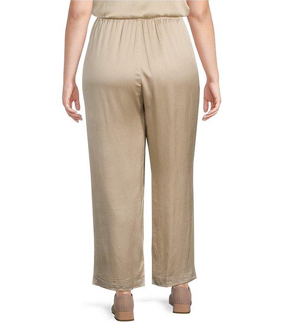 Eileen Fisher Plus Size Striated Silk Satin Straight Leg Pull-On Ankle Pants Product Image