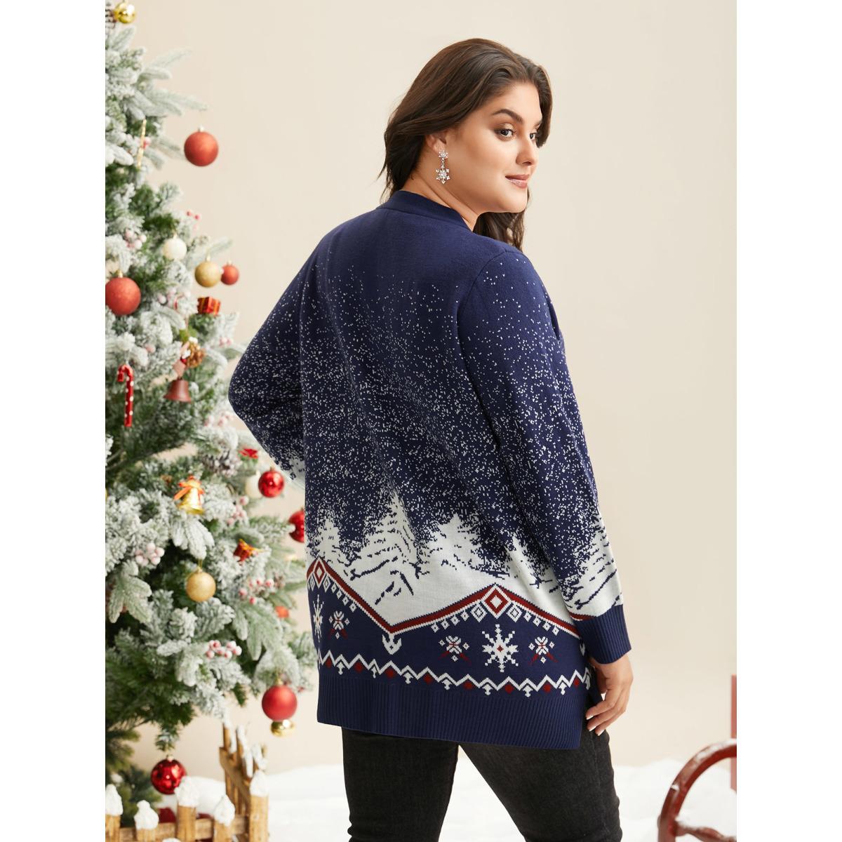 Plus Size Snowy Trees Print V-neck Open Cardigan Indigo Women Casual Loose Long Sleeve Everyday Cardigans BloomChic 12/L Product Image