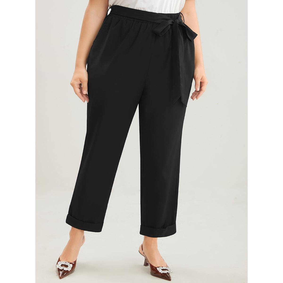 Plus Size Plain Elastic Waist Belted Pocket Mid Rise Pants Women Black Office Mid Rise Dailywear Pants BloomChic 14-16/1X Product Image
