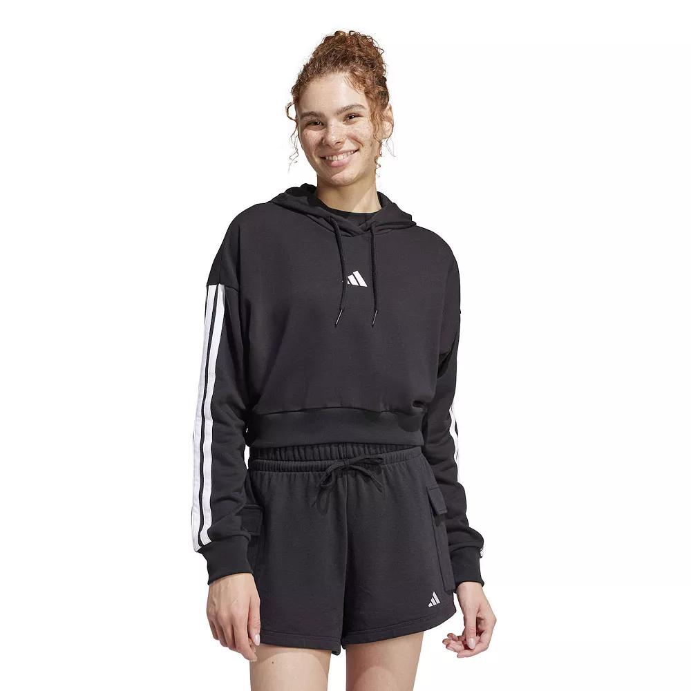 adidas Essentials 3-Stripes French Terry Crop Hoodie Black XS Womens Product Image