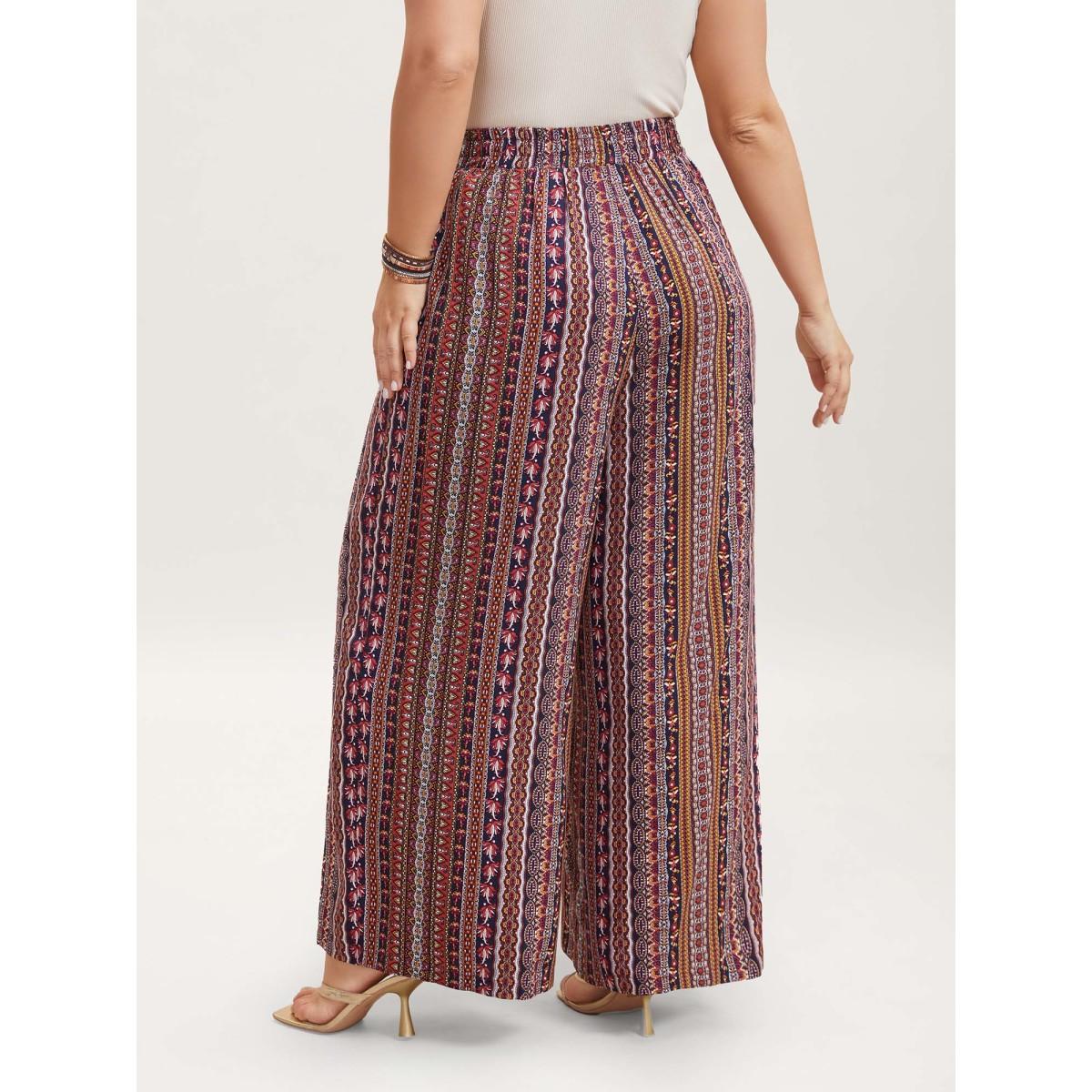 Plus Size Boho Print Belted Flared Pants Women Multicolor Boho Wide Leg Mid Rise Vacation Pants BloomChic 18-20/2X Product Image