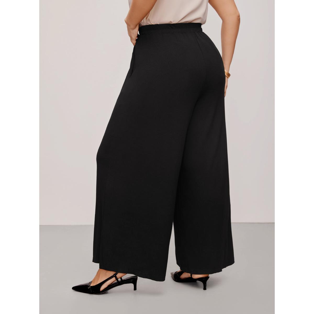 Plus Size Supersoft Essentials Button Detail Wide Leg Pants Women Black Office Wide Leg High Rise Office Pants BloomChic 26/4X Product Image