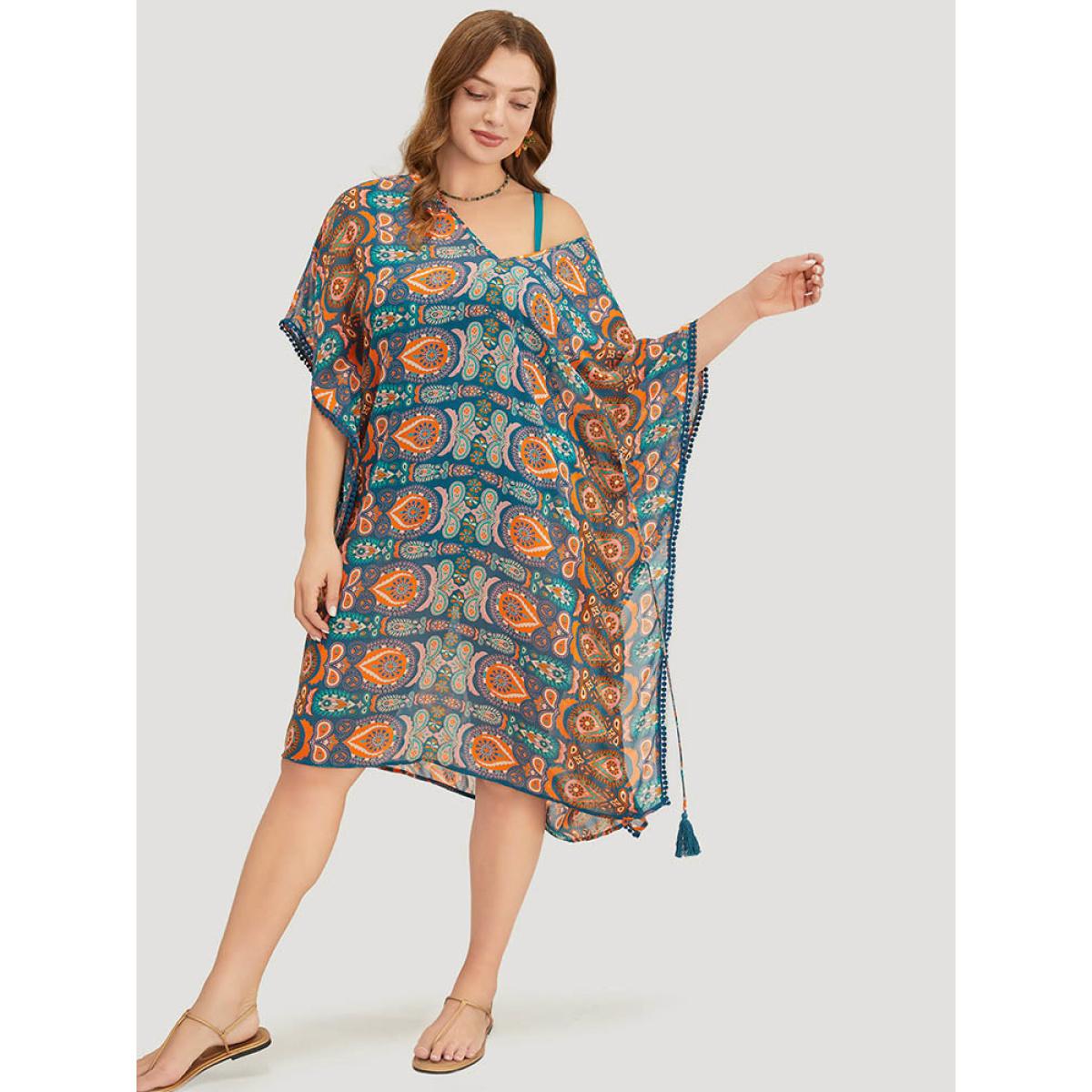 Plus Size Paisley Print Dolman Sleeve Tassels Pompom Trim Cover Up Women Multicolor Vacation See through Loose Belt Dailywear Kimonos BloomChic 10/M Product Image
