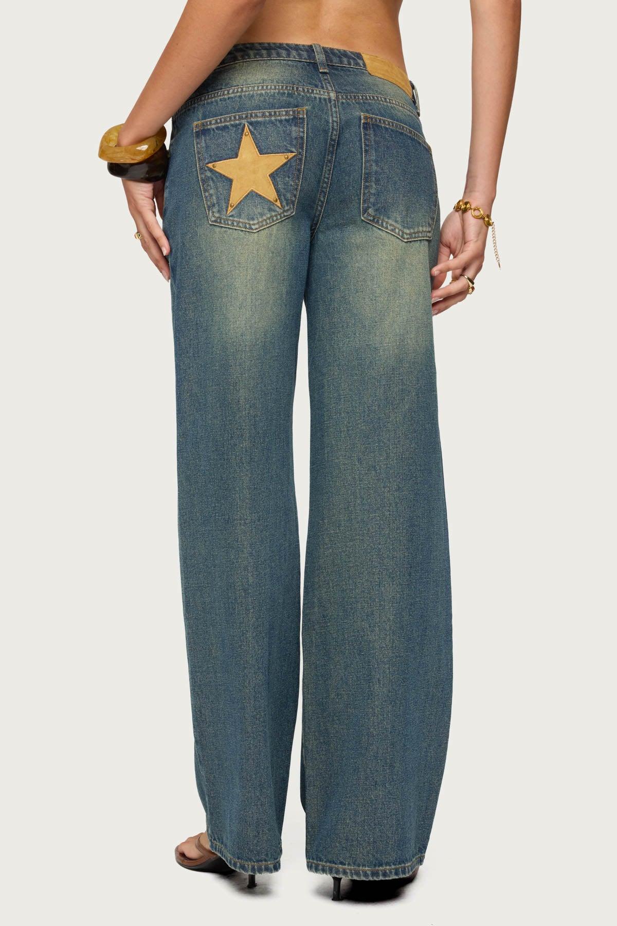 Faux Suede Star Low Rise Baggy Jeans Product Image