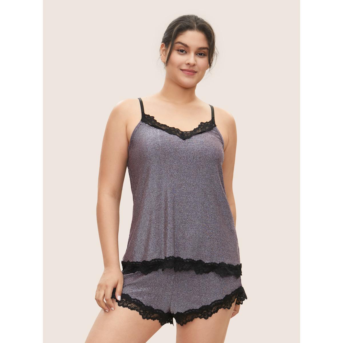 Plus Size Metallic Patchwork Bowknot Lace Panel Loungewear Set Women Purple Patchwork Sleeveless V-neck Lounge Loungewear Sets BloomChic 12/L Product Image