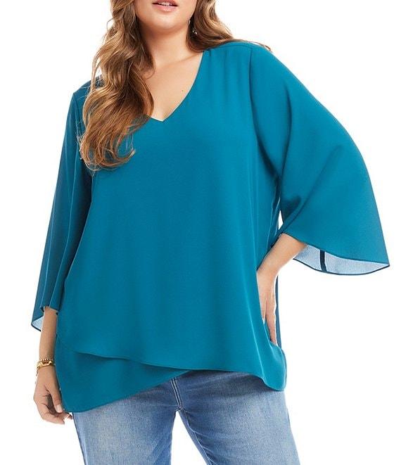 Karen Kane Plus Size V-Neck 3/4 Sleeve Crossover Hem Silky Crepe Top Product Image