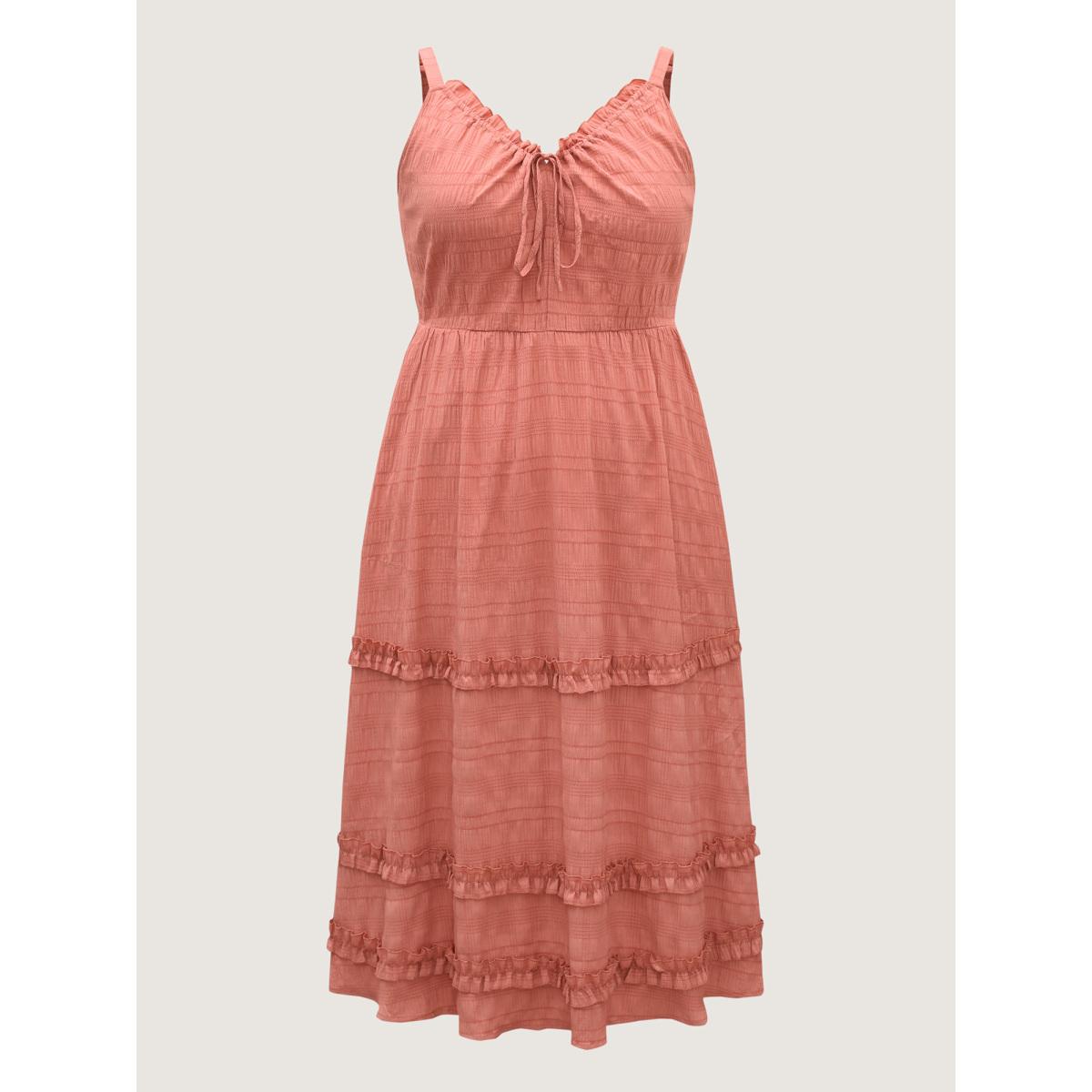 Plus Size Textured Neck-Tie Layered Pockets Midi Dress Rust Women V-neck Sleeveless Curvy BloomChic 12/L Product Image