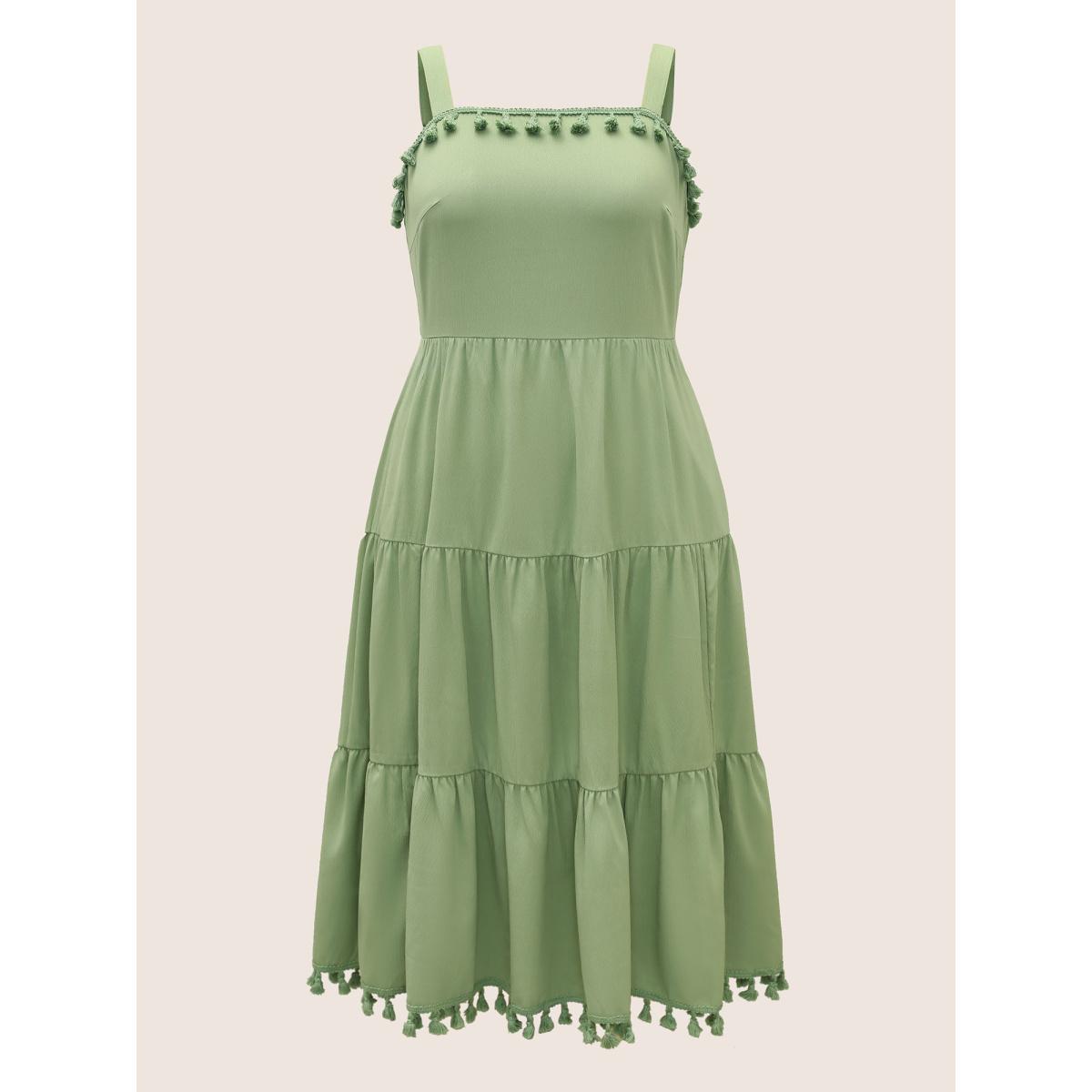 Plus Size Solid Ruffle Layered Hem Tassel Trim Dress Palemauve Women Resort Tassels Non Sleeveless Curvy BloomChic 12/L Product Image