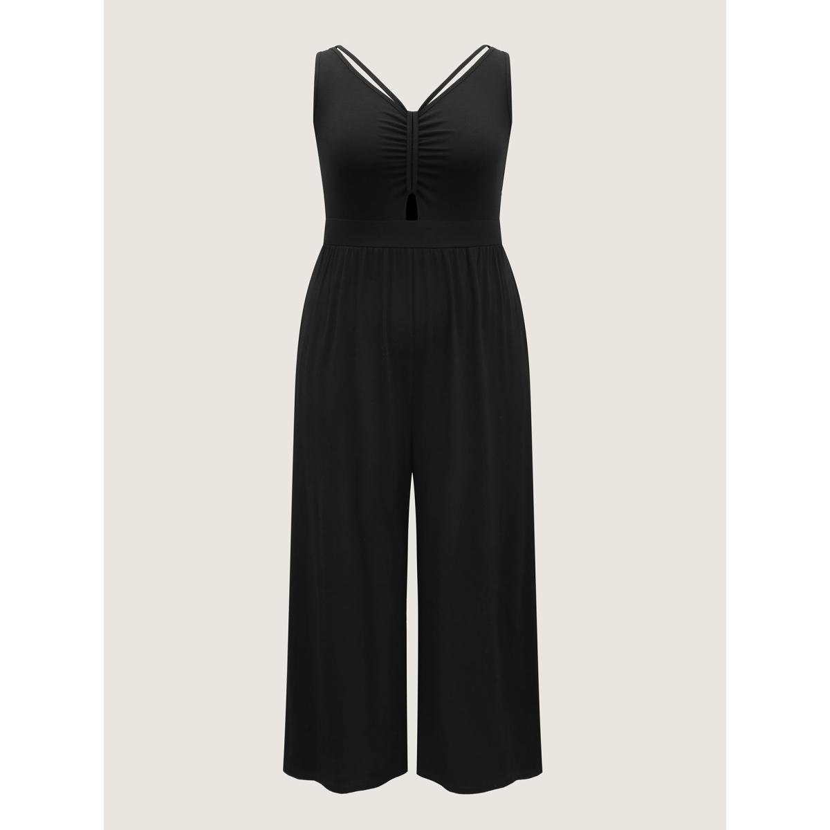 Plus Size Black Shirred Ruched Cut-Out Jumpsuit Women Sleeveless V-neck Everyday-Casual Loose Jumpsuits BloomChic 10/M Product Image